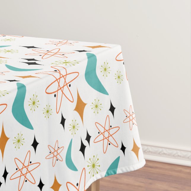 Orange Blue Atomic Boomerang Mid Century Pattern Tablecloth (In Situ)
