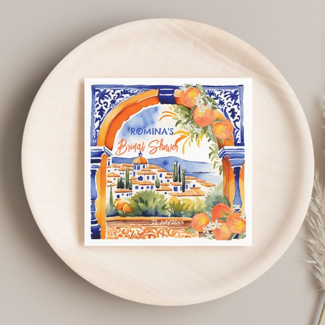 Orange blue azulejo talavera tiles bridal shower napkin (Orange blue azulejo talavera tiles Spanish summer bridal shower template printed napkins bold colors)
