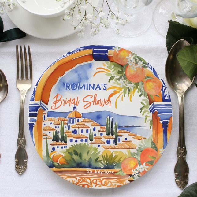Orange blue azulejo talavera tiles bridal shower paper plate (Orange blue azulejo talavera tiles Spanish citrus summer bridal shower template printed paper plates)