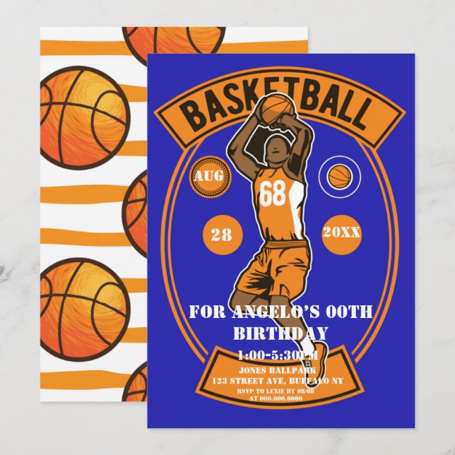 Orange Blue Basketball Birthday Party Invites (Front/Back)