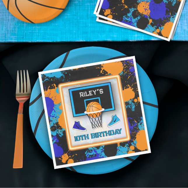Orange & Blue Basketball Paint Splatter Birthday Napkin (Creator Uploaded)