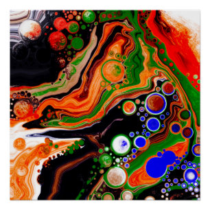 Orange, Blue, Black Digital Fluid Art Poster