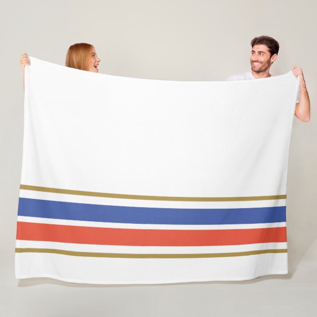 Orange Blue Bottom Edge Racing Stripes On White Fleece Blanket (In Situ)