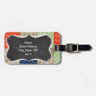 Orange, Blue, Brown and Sage Green Patchwork look Luggage Tag