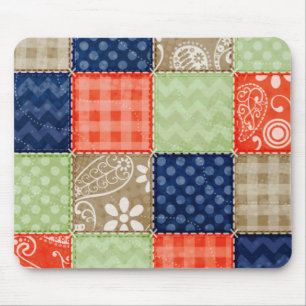 Orange, Blue, Brown and Sage Green Patchwork look Mouse Mat
