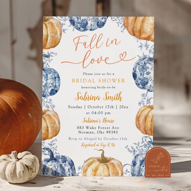 Orange Blue Chinoiserie Pumpkin Bridal Shower Invitation (Creator Uploaded)