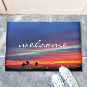Orange Blue Clouds Sunset Landscape Photo Welcome Doormat