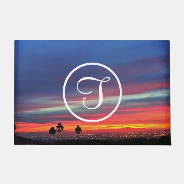 Orange blue clouds sunset photo custom monogram doormat (Front)