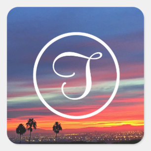 Orange blue clouds sunset photo custom monogram square sticker