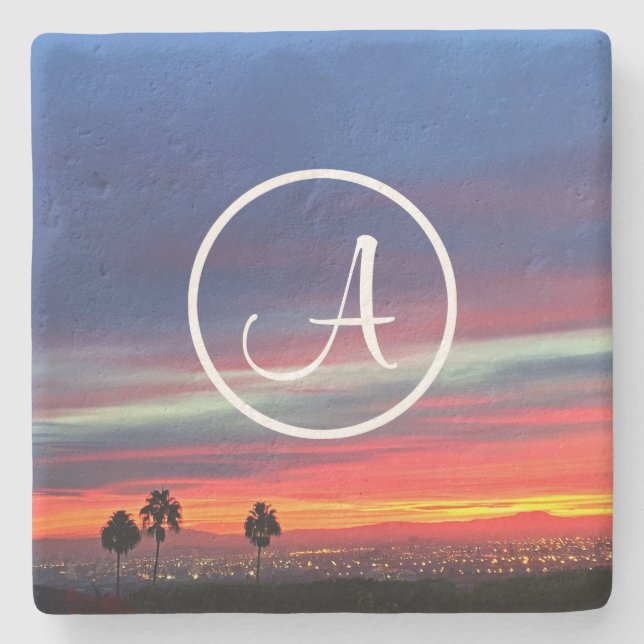 Orange blue clouds sunset photo custom monogram stone coaster (Front)