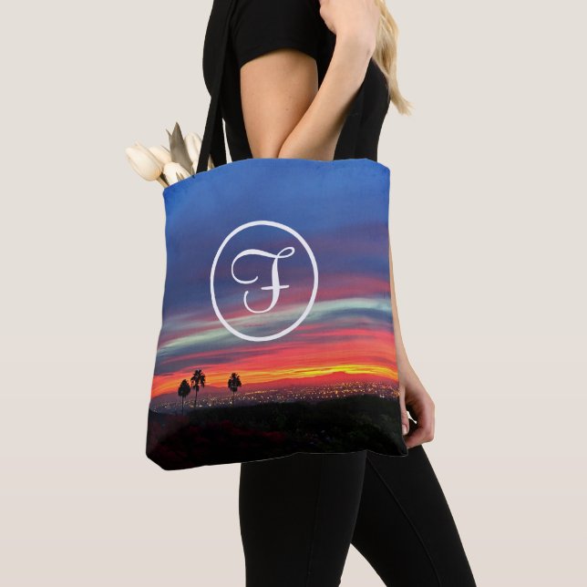 Orange blue clouds sunset photo custom monogram tote bag (Close Up)