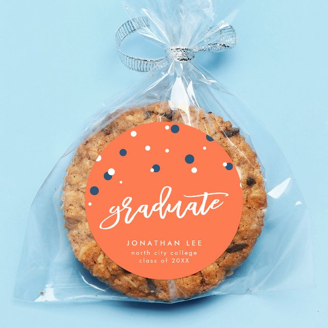 Orange Blue Confetti Graduate Graduation Classic Round Sticker (Creator Uploaded)