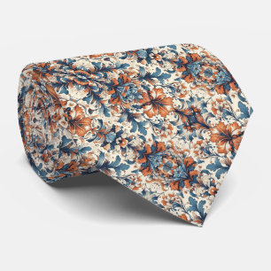 Orange, Blue & Cream Floral Pattern Tie