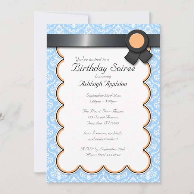 Orange & Blue Damask Birthday Soiree Invitations (Front)