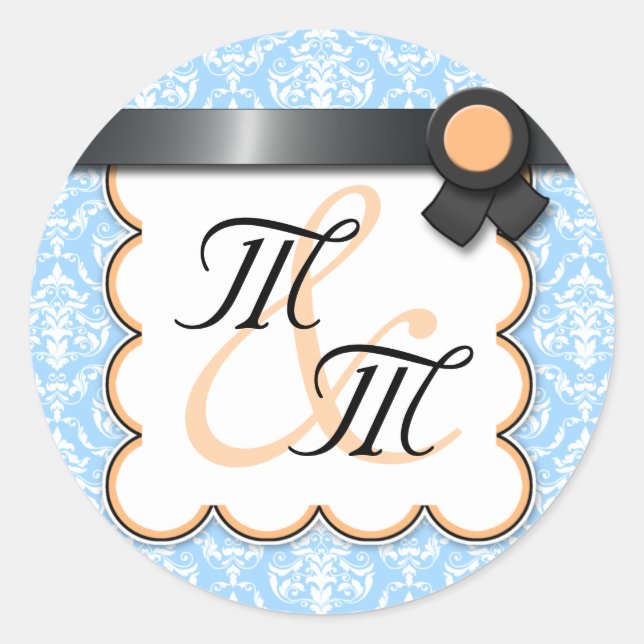 Orange & Blue Damask Double Monogram Stickers (Front)