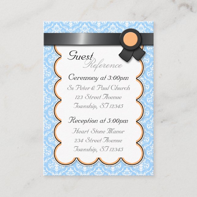 Orange & Blue Damask Wedding Guest Reference Cards (Front)