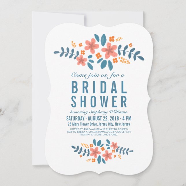 Orange Blue Floral Bridal Shower Photo Invite (Front)