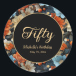 Orange Blue Flowers Black 50th Birthday Any Age Classic Round Sticker<br><div class="desc">Elegant 50th birthday party sticker with orange and blue flowers on black. Contact me for assistance with your customisations or to request additional matching or coordinating Zazzle products for your celebration.</div>