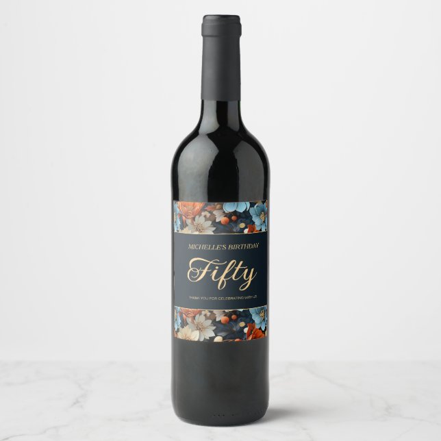 Orange Blue Flowers Black 50th Birthday Wine Label (Front)