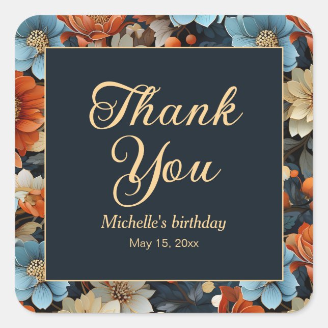Orange Blue Flowers Black Birthday Thank You Square Sticker (Front)