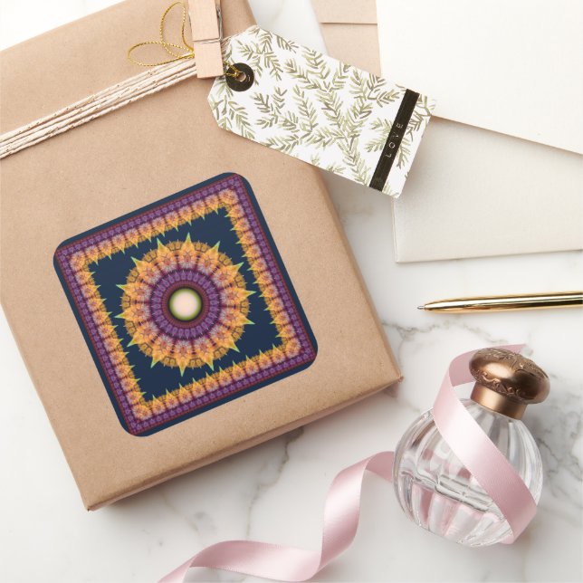 Orange blue fractal framed ornament square sticker (Gifting)