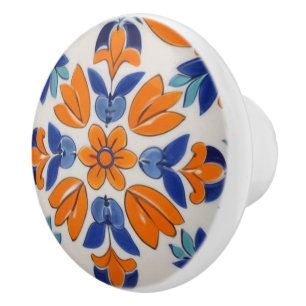 Orange Blue Geometric Floral Flower Mediterranean Ceramic Knob