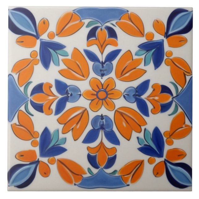 Orange Blue Geometric Floral Flower Mediterranean Tile (Front)