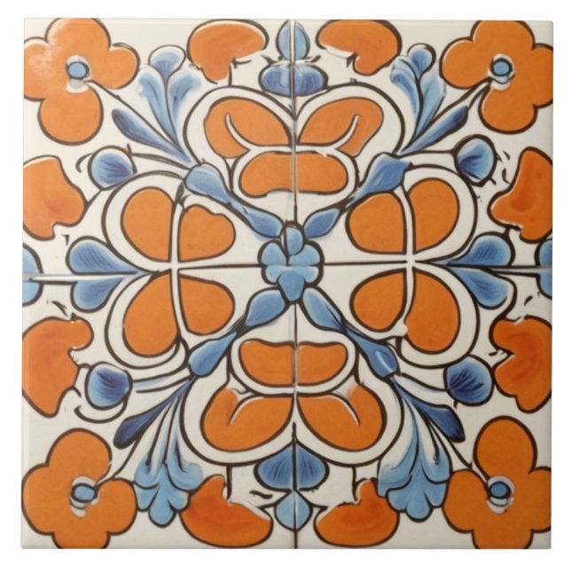 Orange Blue Geometric Floral Flower Mediterranean Tile (Front)