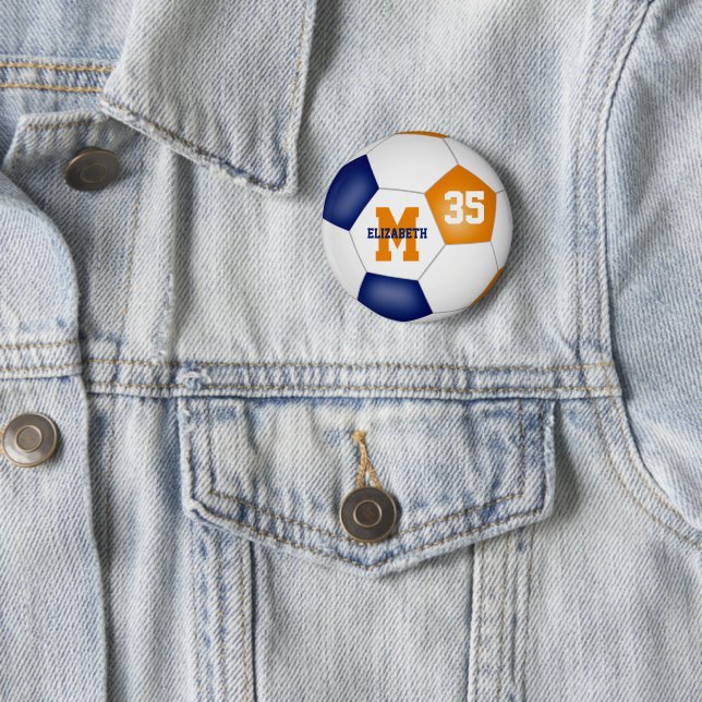 orange blue girls boys soccer team colours 6 cm round badge (In Situ)