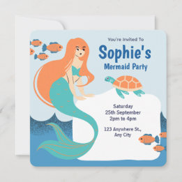 Orange Blue Girls Mermaid Birthday Party  Invitation