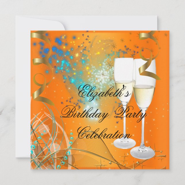 Orange Blue Gold Birthday Party Champagne Invitation (Front)