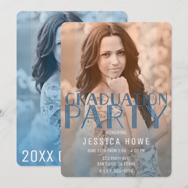 Orange Blue Graduation Party Graduate Photo Invitation (Front/Back)