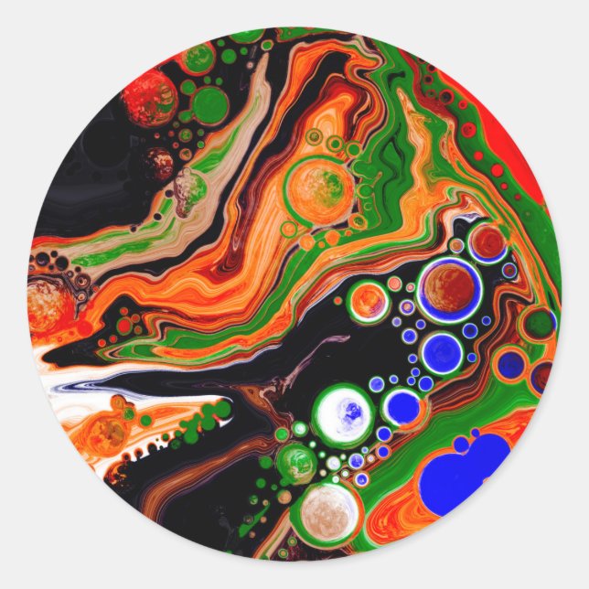 Orange, Blue, Green, Black Digital Fluid Art    Classic Round Sticker (Front)