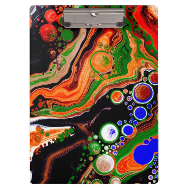 Orange, Blue, Green, Black Digital Fluid Art   Clipboard (Front)