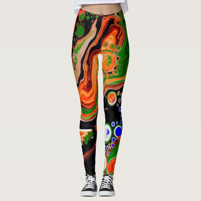 Orange, Blue, Green, Black Digital Fluid Art  Leggings (Front)