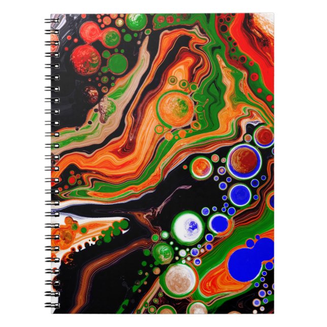 Orange, Blue, Green, Black Digital Fluid Art    Notebook (Front)