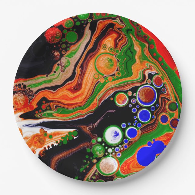 Orange, Blue, Green, Black Digital Fluid Art  Paper Plate (Front)