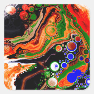 Orange, Blue, Green, Black Digital Fluid Art Square Sticker