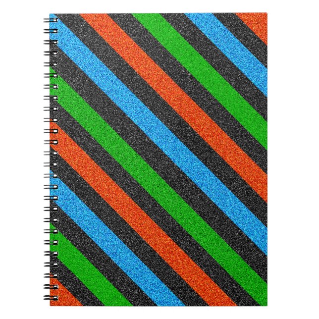 Orange, Blue, Green, Black Glitter Striped STaylor Notebook (Front)