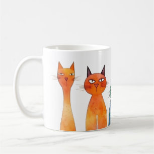 Orange Blue Green Watercolor Quirky Cats Coffee Mug