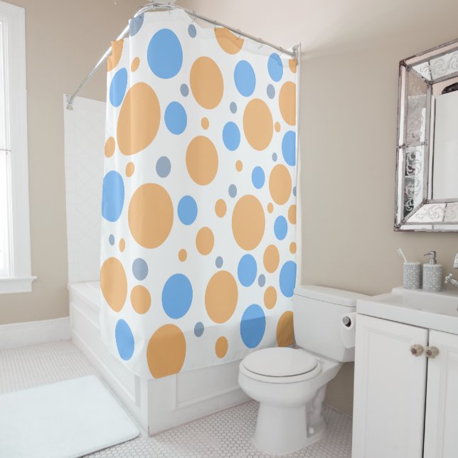 Orange Blue Grey Geometric Circles Shower Curtain (In Situ)