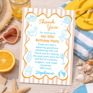 Orange Blue Hand Drawn Summer Pool Party Birthday Thank You Card