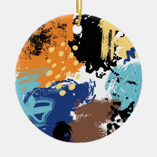 Orange Blue Mid Century Blotched Abstract Stains Ceramic Tree Decoration (Front)