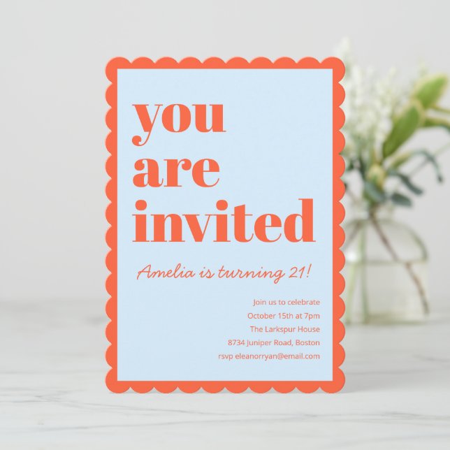 Orange Blue Modern 21st Scalloped Birthday Party Invitation (Standing Front)