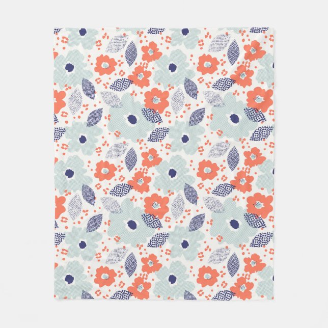 Orange & Blue Modern Flower Pattern Fleece Blanket (Front)