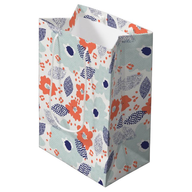 Orange & Blue Modern Flower Pattern Medium Gift Bag (Front Angled)