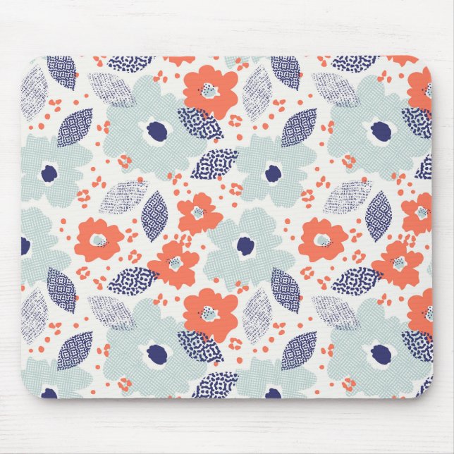 Orange & Blue Modern Flower Pattern Mouse Mat (Front)