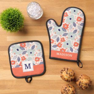 Orange & Blue Modern Flower Pattern Oven Mitt & Pot Holder Set