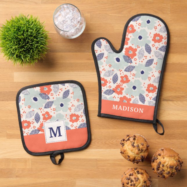 Orange & Blue Modern Flower Pattern Oven Mitt & Pot Holder Set (Top Down)