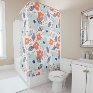 Orange & Blue Modern Flower Pattern Shower Curtain